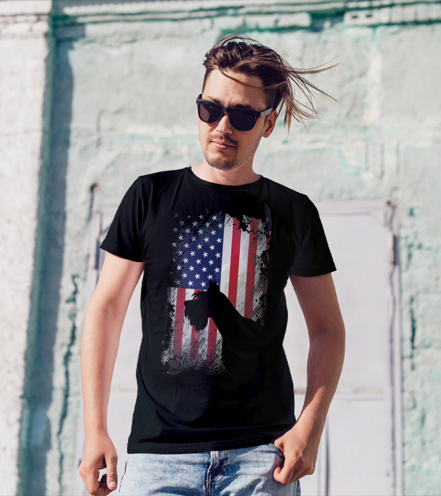 Giant Schnauzer Silhouette Against American Flag USA T-Shirt