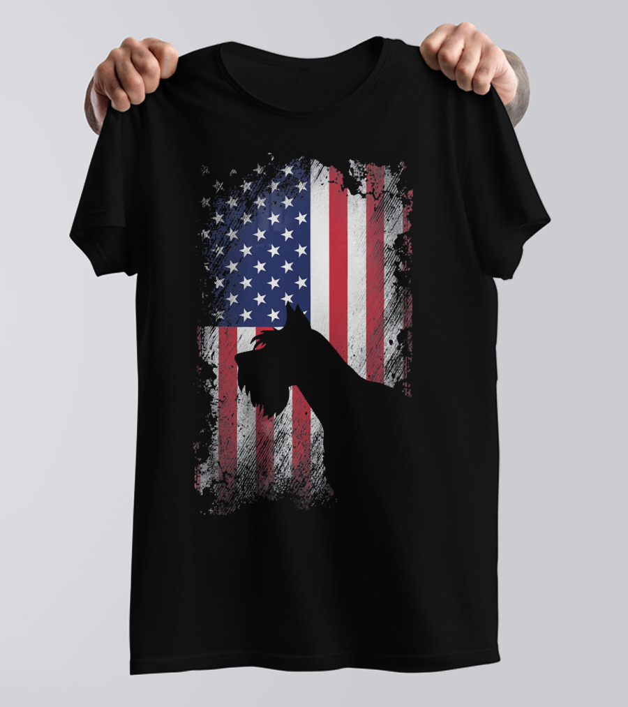 Giant Schnauzer Silhouette Against American Flag USA T-Shirt