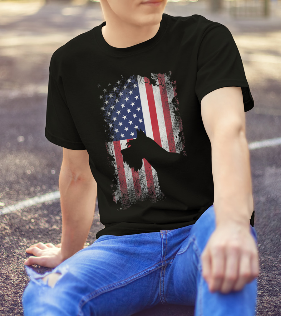 Giant Schnauzer Silhouette Against American Flag USA T-Shirt