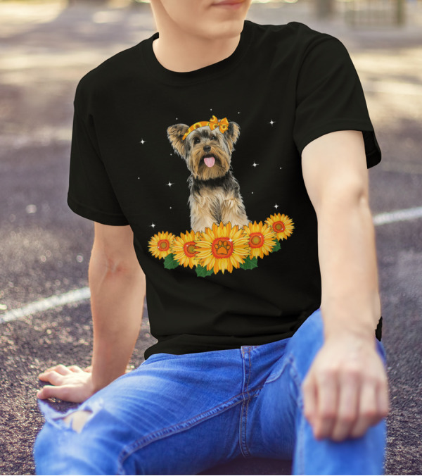 Schnauzer With Sunflower Headband And Starry Sunflowers T-Shirt