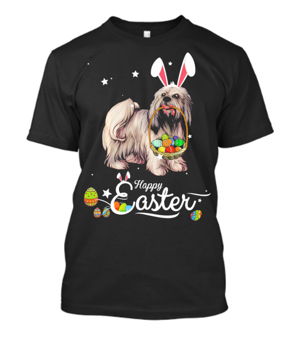 Lhasa Apso With Bunny Ears Holding Easter Egg Basket And Happy Easter Text T-Shirt