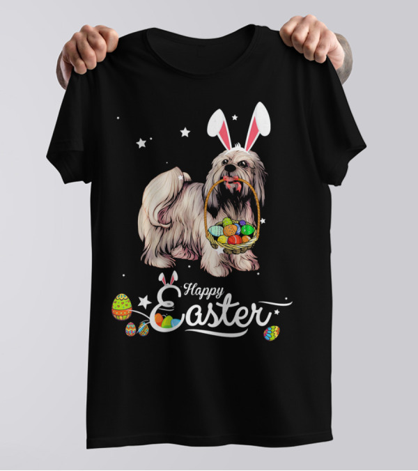 Lhasa Apso With Bunny Ears Holding Easter Egg Basket And Happy Easter Text T-Shirt