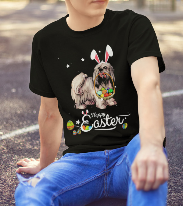 Lhasa Apso With Bunny Ears Holding Easter Egg Basket And Happy Easter Text T-Shirt