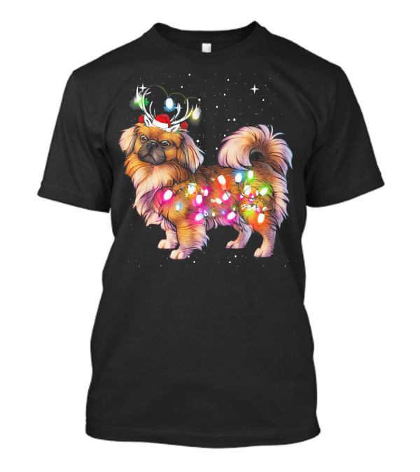 Christmas Lights Pekingese Dog With Santa Hat And Antlers T-Shirt