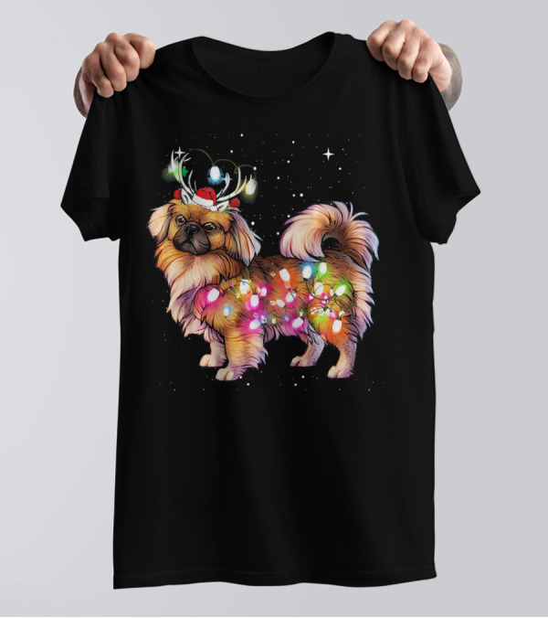 Christmas Lights Pekingese Dog With Santa Hat And Antlers T-Shirt