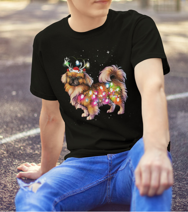 Christmas Lights Pekingese Dog With Santa Hat And Antlers T-Shirt
