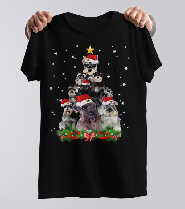 Schnauzer Christmas Tree With Santa Hats And Snowflakes T-Shirt