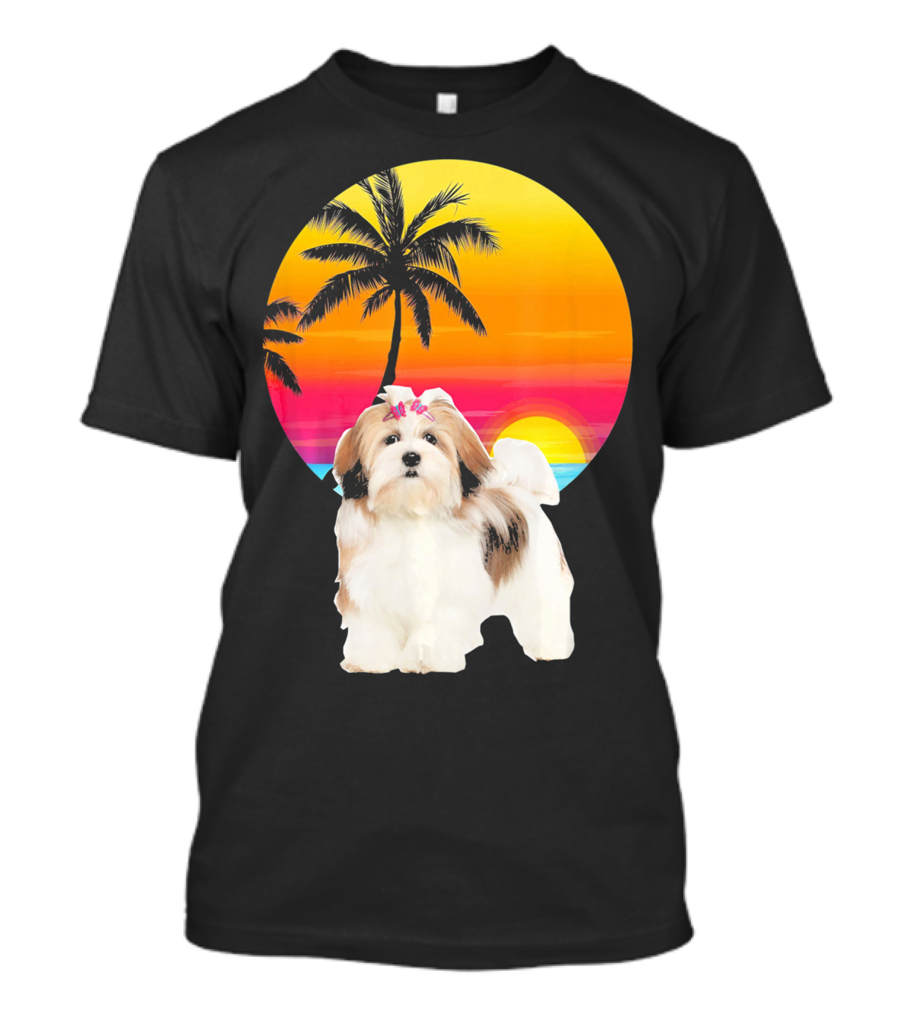 Lhasa Apso Retro Vintage 70s Dad Sunset Palm Trees T-Shirt