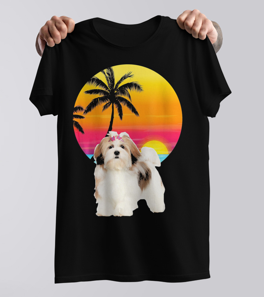 Lhasa Apso Retro Vintage 70s Dad Sunset Palm Trees T-Shirt