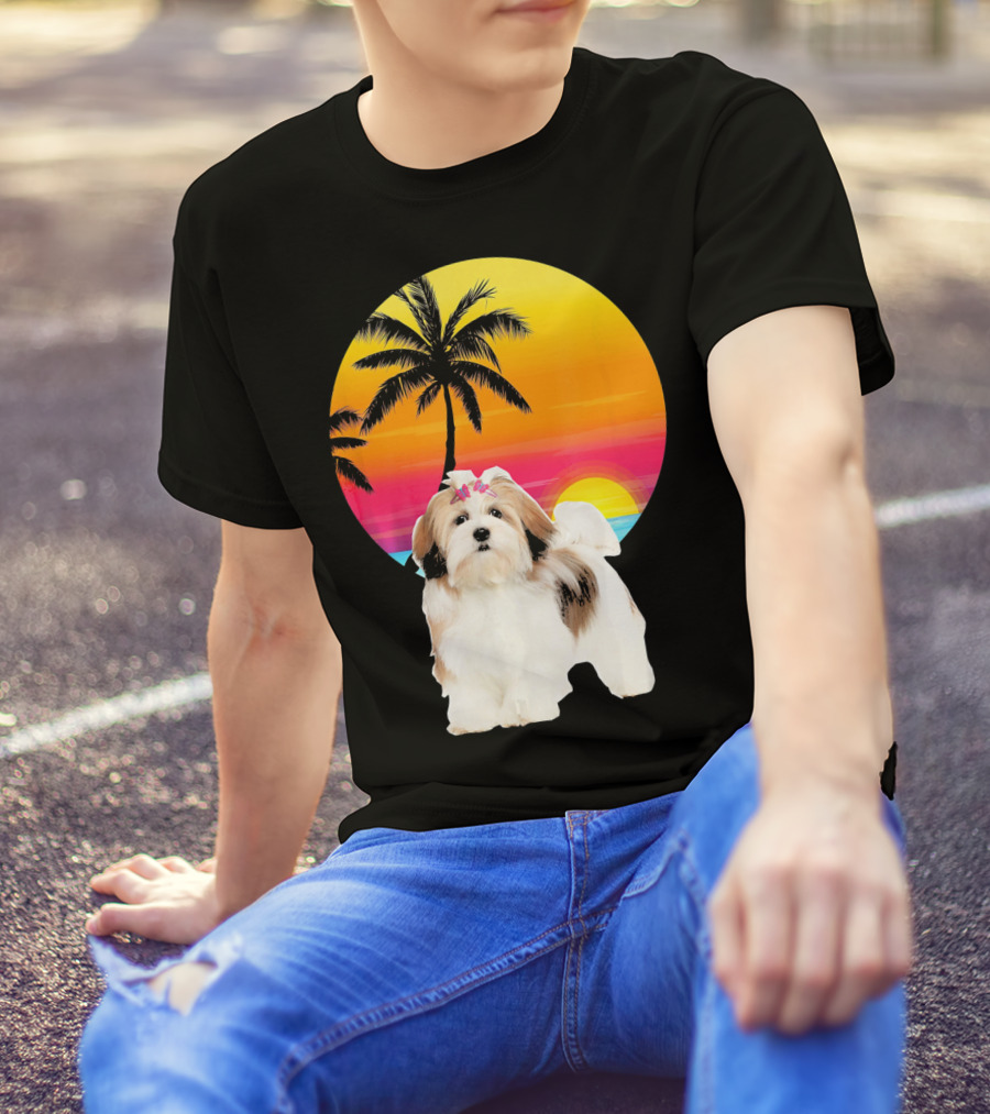 Lhasa Apso Retro Vintage 70s Dad Sunset Palm Trees T-Shirt