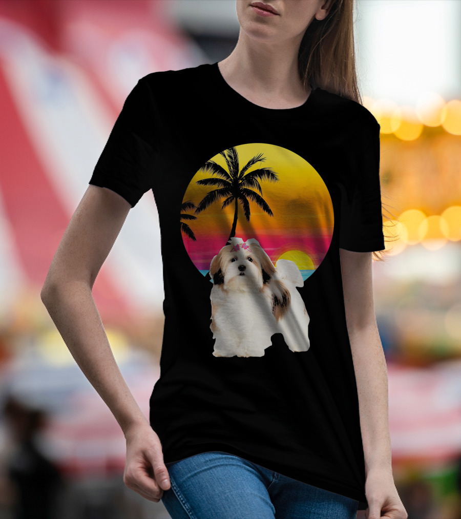 Lhasa Apso Retro Vintage 70s Dad Sunset Palm Trees T-Shirt