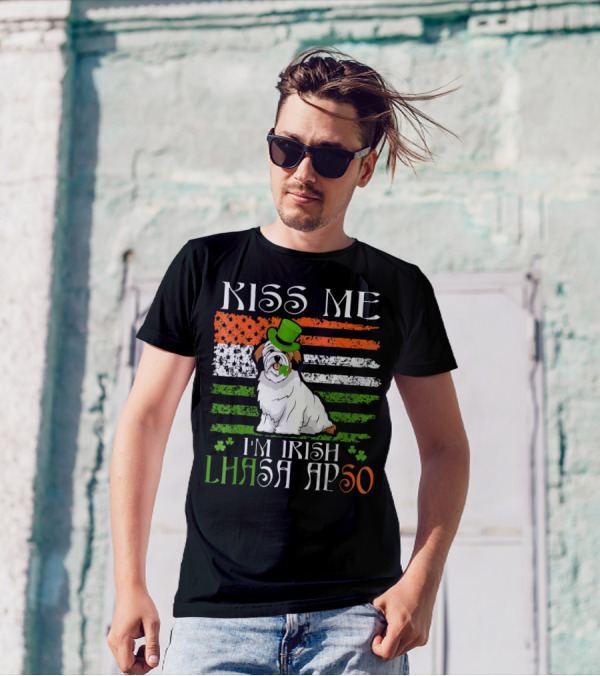 Kiss Me I'm Irish Lhasa Apso St Patrick's Day Dog With Hat And Shamrock T-Shirt