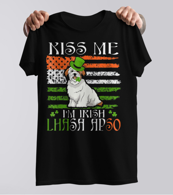 Kiss Me I'm Irish Lhasa Apso St Patrick's Day Dog With Hat And Shamrock T-Shirt