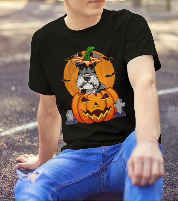 Funny Schnauzer Pumpkin Halloween Costume With Jack-O'-Lantern And Bats T-Shirt