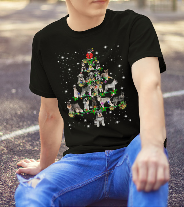 Funny Schnauzer Christmas Tree With Festive Dogs And Holiday Decorations T-Shirt