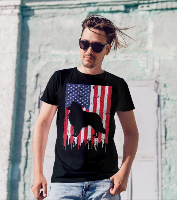 American Flag Shetland Sheepdog Silhouette Distressed Heart T-Shirt