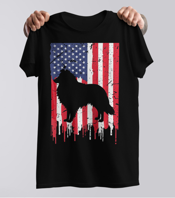 American Flag Shetland Sheepdog Silhouette Distressed Heart T-Shirt