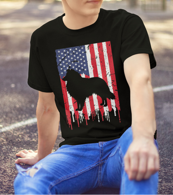 American Flag Shetland Sheepdog Silhouette Distressed Heart T-Shirt
