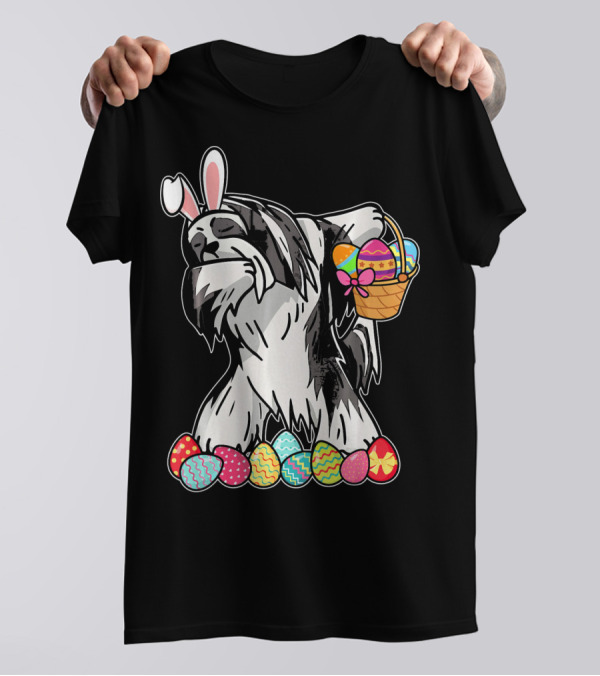 Lhasa Apso Dabbing Bunny With Easter Egg Basket And Colorful Eggs T-Shirt