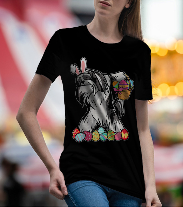Lhasa Apso Dabbing Bunny With Easter Egg Basket And Colorful Eggs T-Shirt