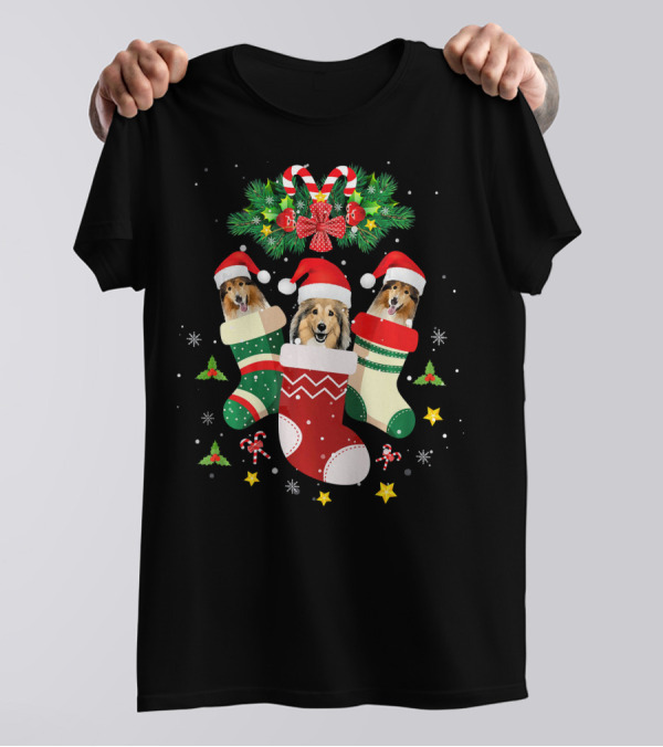 Sheltie Dog Christmas Stockings Santa Hats Holiday Socks Fun T-Shirt