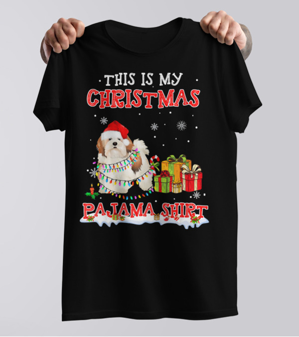 This Is My Christmas Pajama Shirt Lhasa Apso With Snowflakes And Gifts T-Shirt