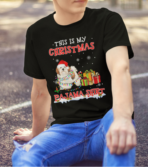 This Is My Christmas Pajama Shirt Lhasa Apso With Snowflakes And Gifts T-Shirt