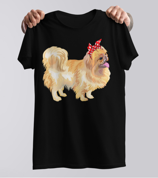 Pekingese Dog With Red Polka Dot Bandana For Funny Dog Moms T-Shirt