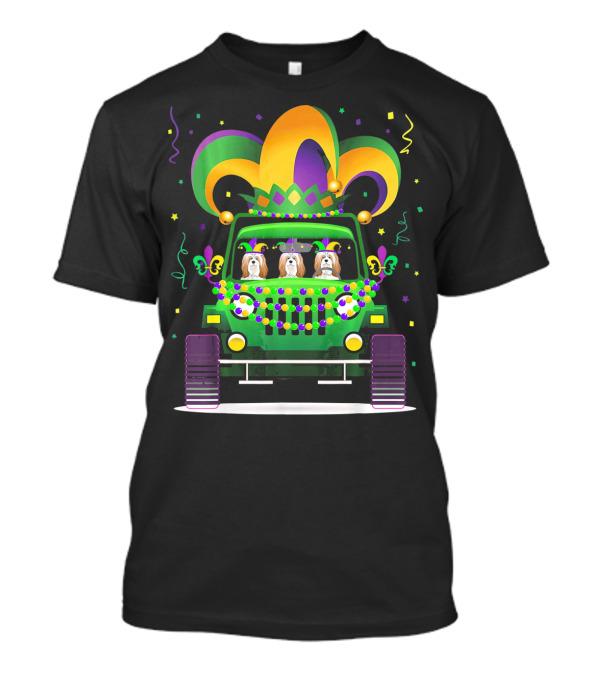 Lhasa Apso Jeep Mardi Gras Parade With Beads And Mask T-Shirt