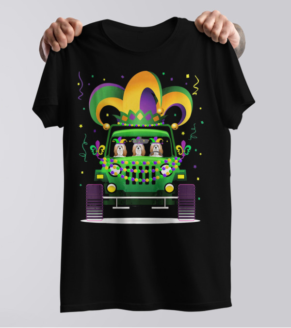 Lhasa Apso Jeep Mardi Gras Parade With Beads And Mask T-Shirt