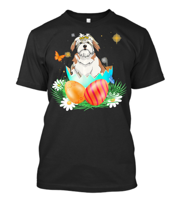 Lhasa Apso With Bunny Ears In Easter Egg With Butterflies And Flowers T-Shirt