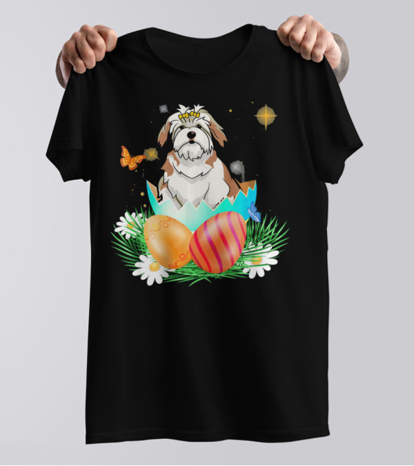 Lhasa Apso With Bunny Ears In Easter Egg With Butterflies And Flowers T-Shirt