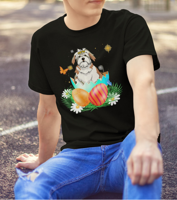 Lhasa Apso With Bunny Ears In Easter Egg With Butterflies And Flowers T-Shirt