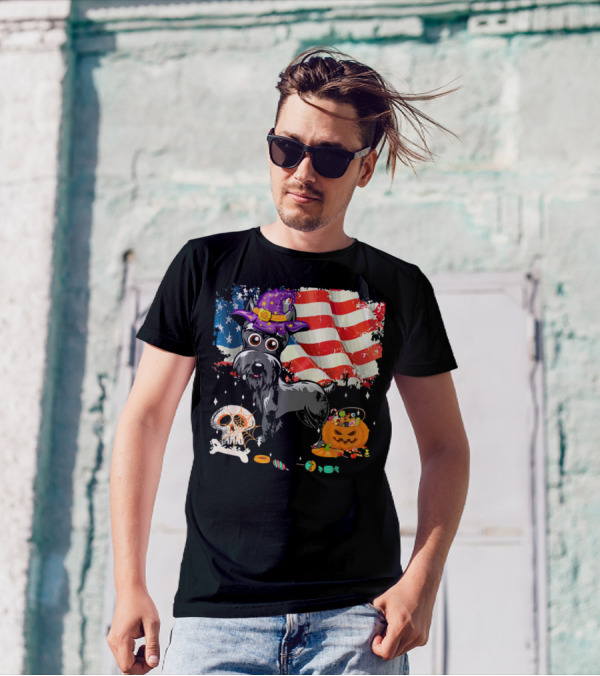 Schnauzer Halloween USA Flag Skull Pumpkin Candy T-Shirt