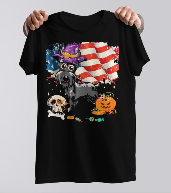 Schnauzer Halloween USA Flag Skull Pumpkin Candy T-Shirt