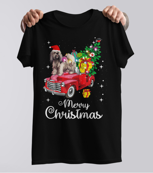 Lhasa Apso Rides Red Truck Merry Christmas Pajamas T-Shirt