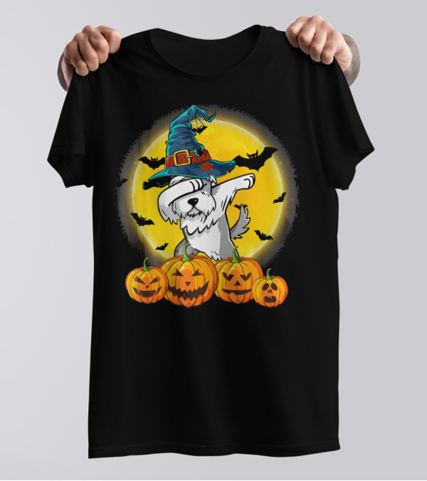 Halloween Dabbing Schnauzer Dog With Witch Hat And Pumpkins T-Shirt