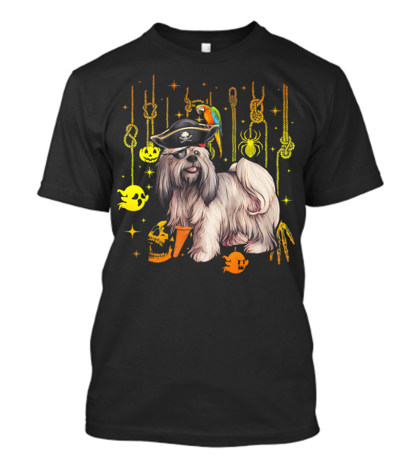 Lhasa Apso Pirate Parrot Halloween Dog Lovers Skulls And Ghosts T-Shirt