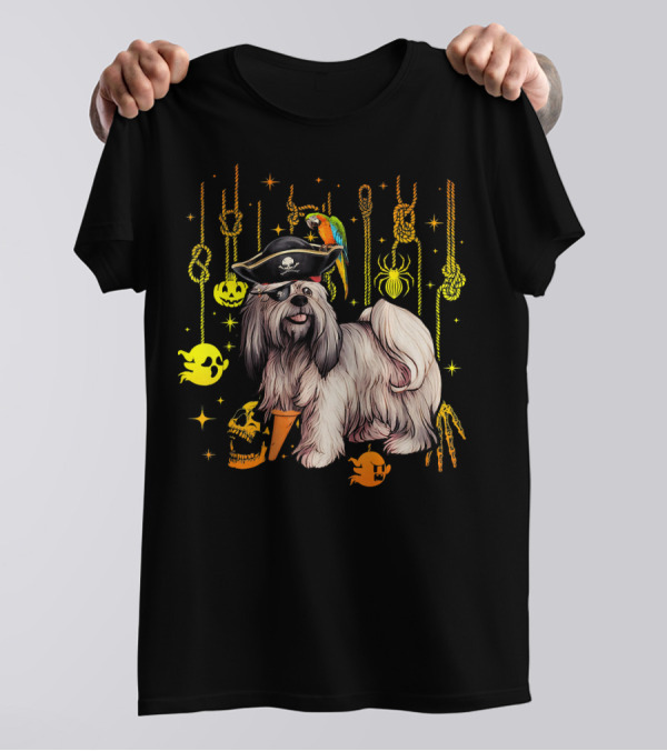 Lhasa Apso Pirate Parrot Halloween Dog Lovers Skulls And Ghosts T-Shirt