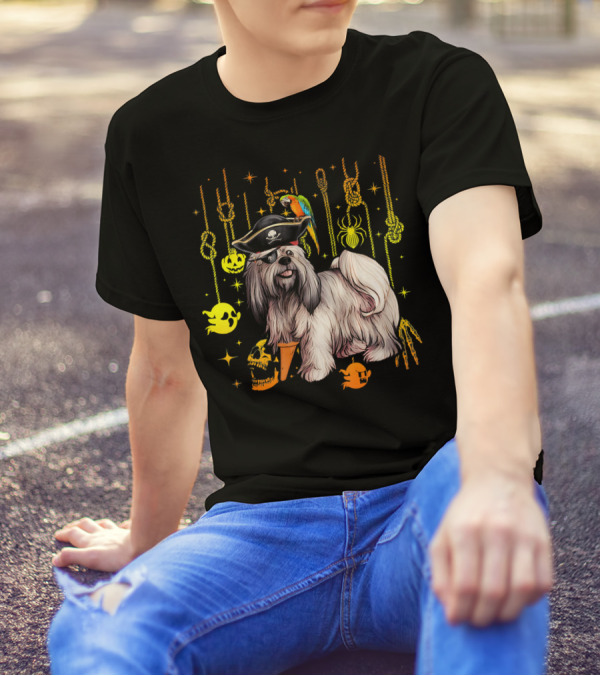 Lhasa Apso Pirate Parrot Halloween Dog Lovers Skulls And Ghosts T-Shirt