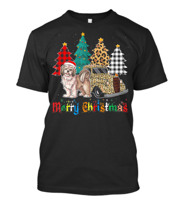 Merry Christmas Lhasa Apso Truck Leopard Plaid Trees T-Shirt