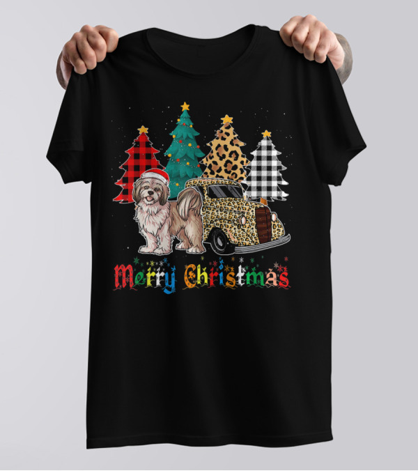 Merry Christmas Lhasa Apso Truck Leopard Plaid Trees T-Shirt