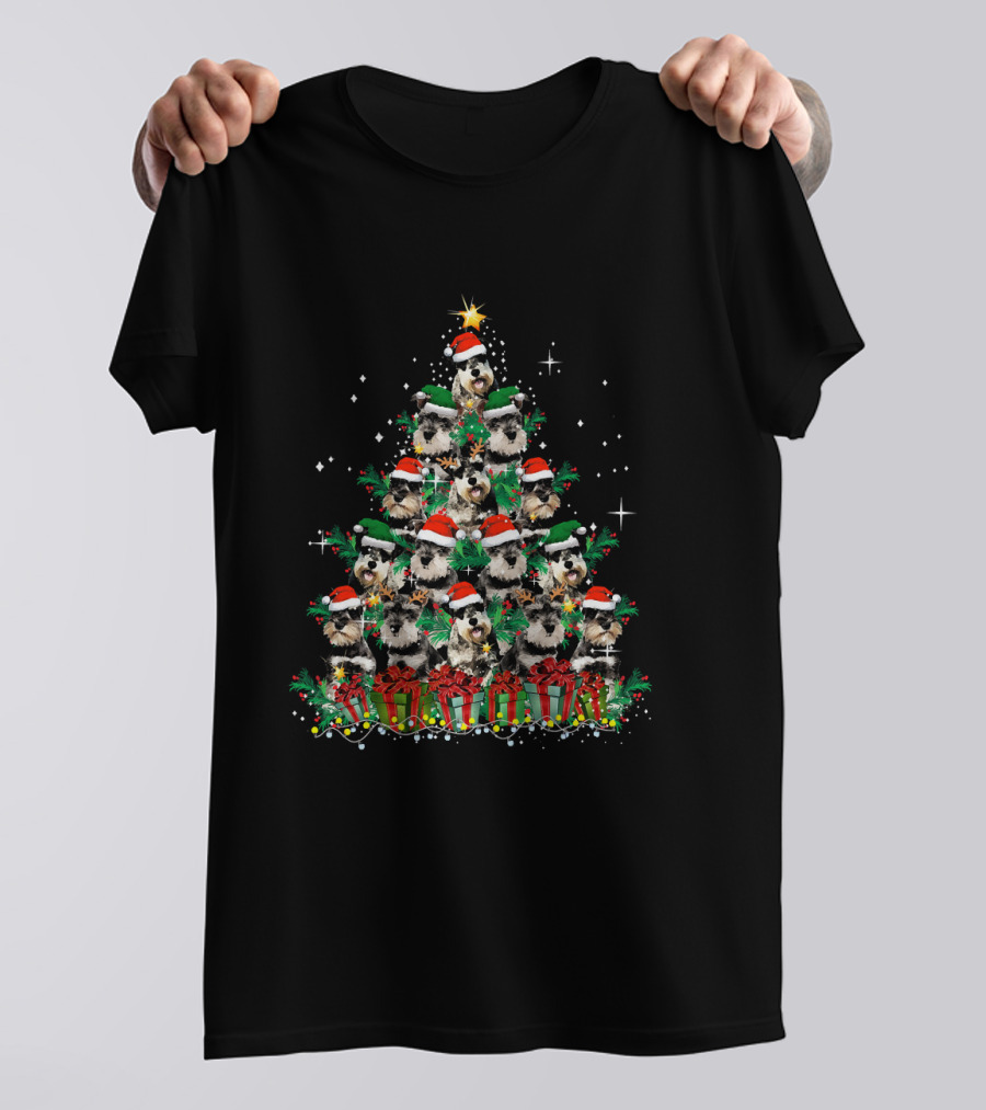 Cute Schnauzer Christmas Tree With Santa Hats And Presents T-Shirt