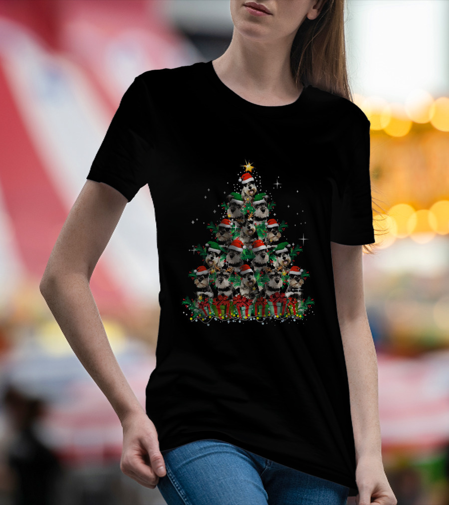 Cute Schnauzer Christmas Tree With Santa Hats And Presents T-Shirt