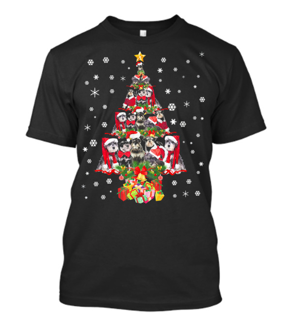 Schnauzer Dog Christmas Tree With Santa Hats And Holiday Gifts T-Shirt