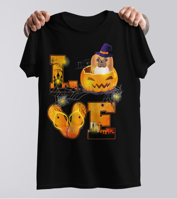 LOVE Halloween Pekingese In Pumpkin With Witch Hat And Cobwebs T-Shirt