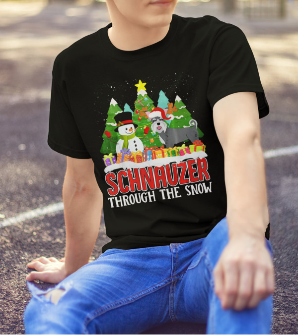 Schnauzer Through The Snow Christmas Tree Snowman Presents T-Shirt