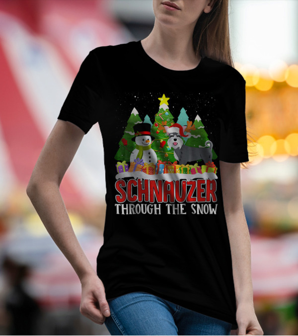 Schnauzer Through The Snow Christmas Tree Snowman Presents T-Shirt
