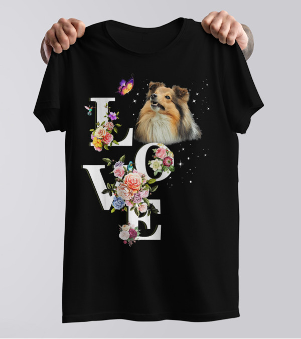 LOVE Sheltie Flower Butterfly T-Shirt