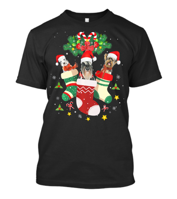 Christmas Schnauzer And Dogs In Festive Santa Hats And Stockings T-Shirt